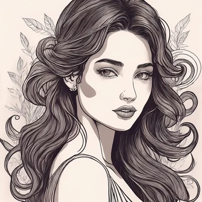 Elegant Woman Portrait With Flowing Hair Line Art