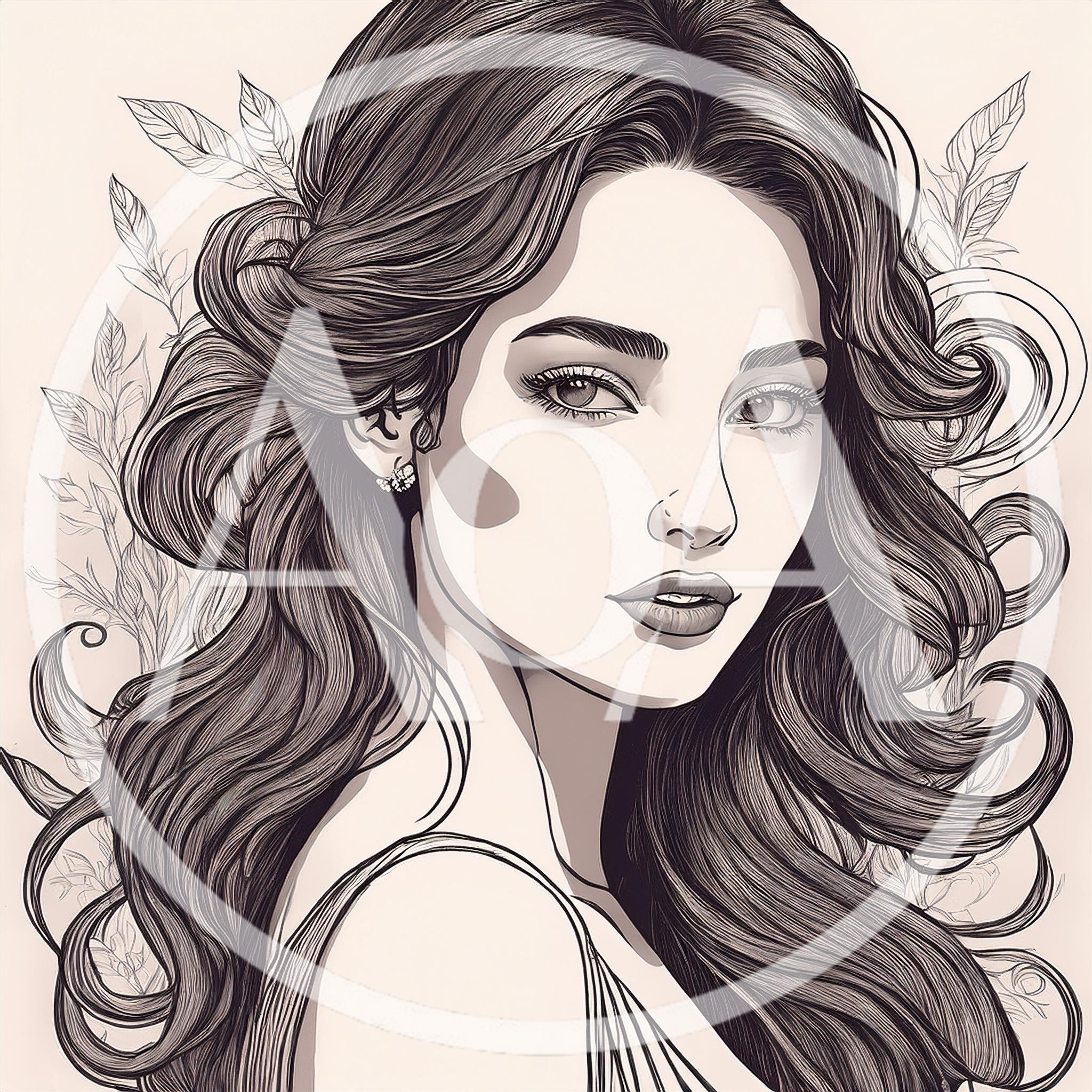 Elegant Woman Portrait With Flowing Hair Line Art