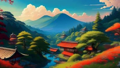 Traditional Japanese Temple Complex in Mountain Valley