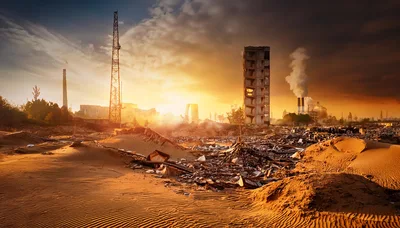 Post-Apocalyptic Industrial Wasteland With Ruined Buildings