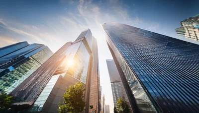 Low Angle View Of Modern Glass Skyscrapers