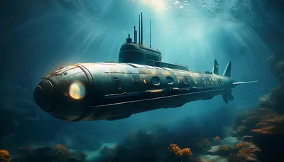 Submarine Navigating Through Deep Underwater Coral Reef