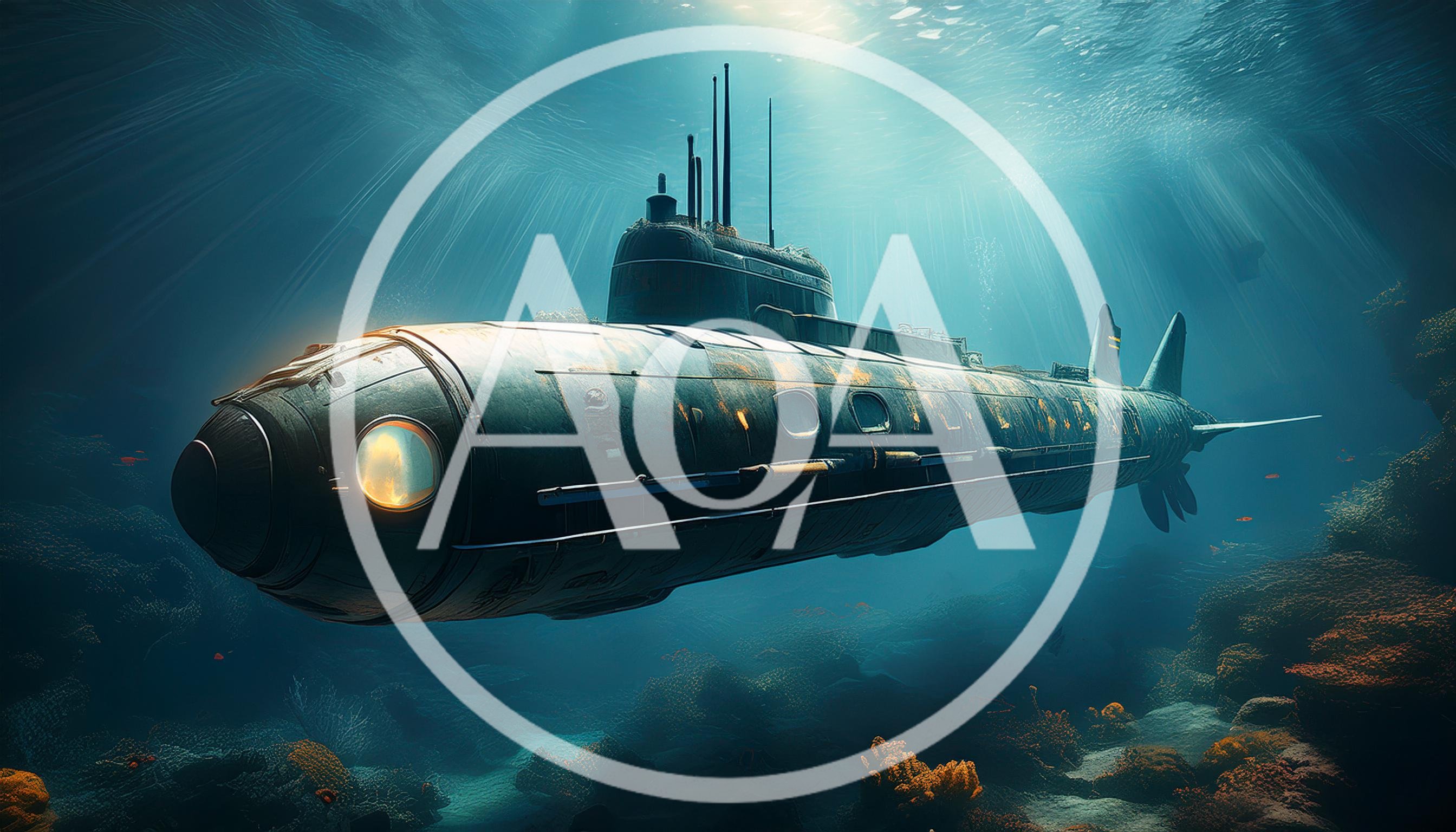 Submarine Navigating Through Deep Underwater Coral Reef