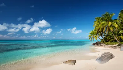 Tropical Beach Shoreline With Palm Trees And Turquoise Water