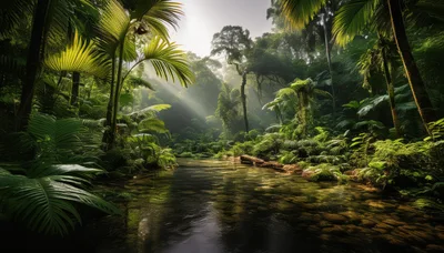 Sunlit Tropical Rainforest River Scene