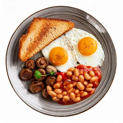 Full English Breakfast Plate With Eggs Beans And Mushrooms