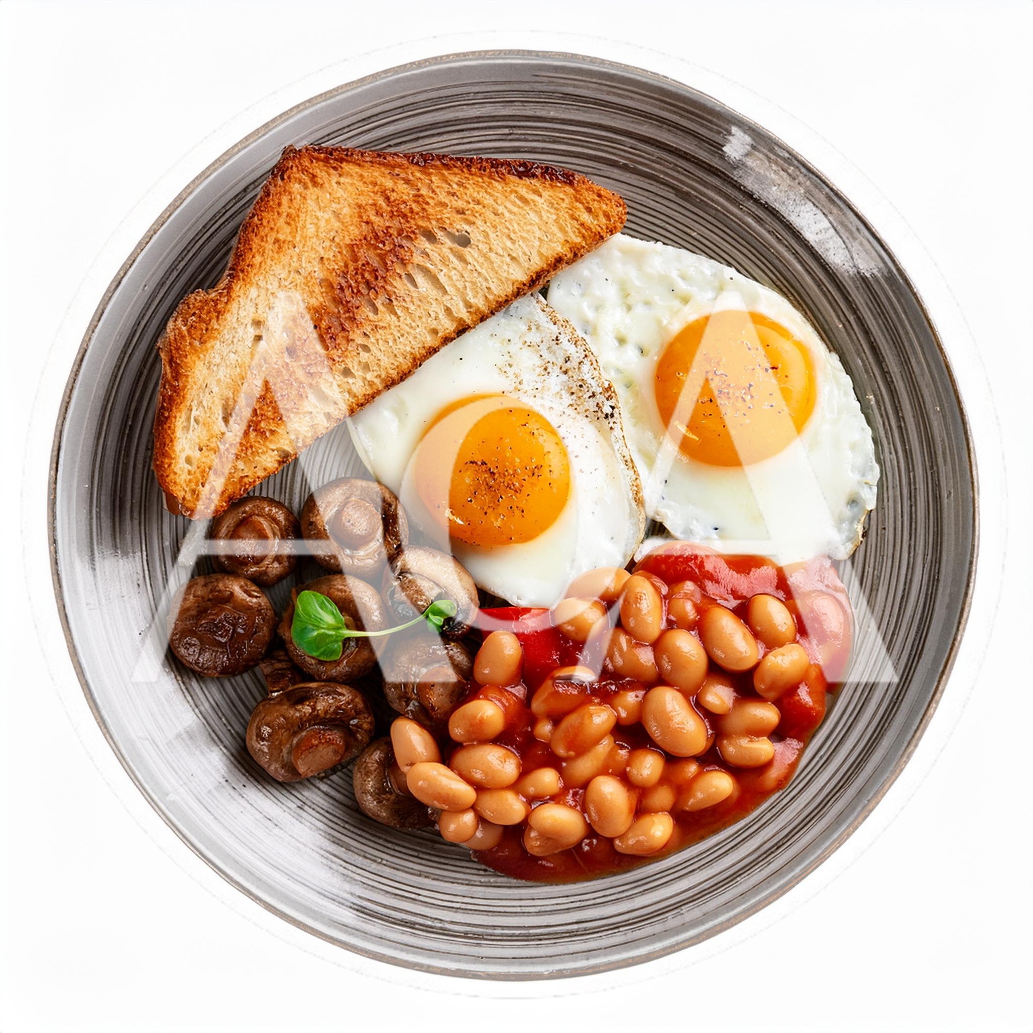 Full English Breakfast Plate With Eggs Beans And Mushrooms