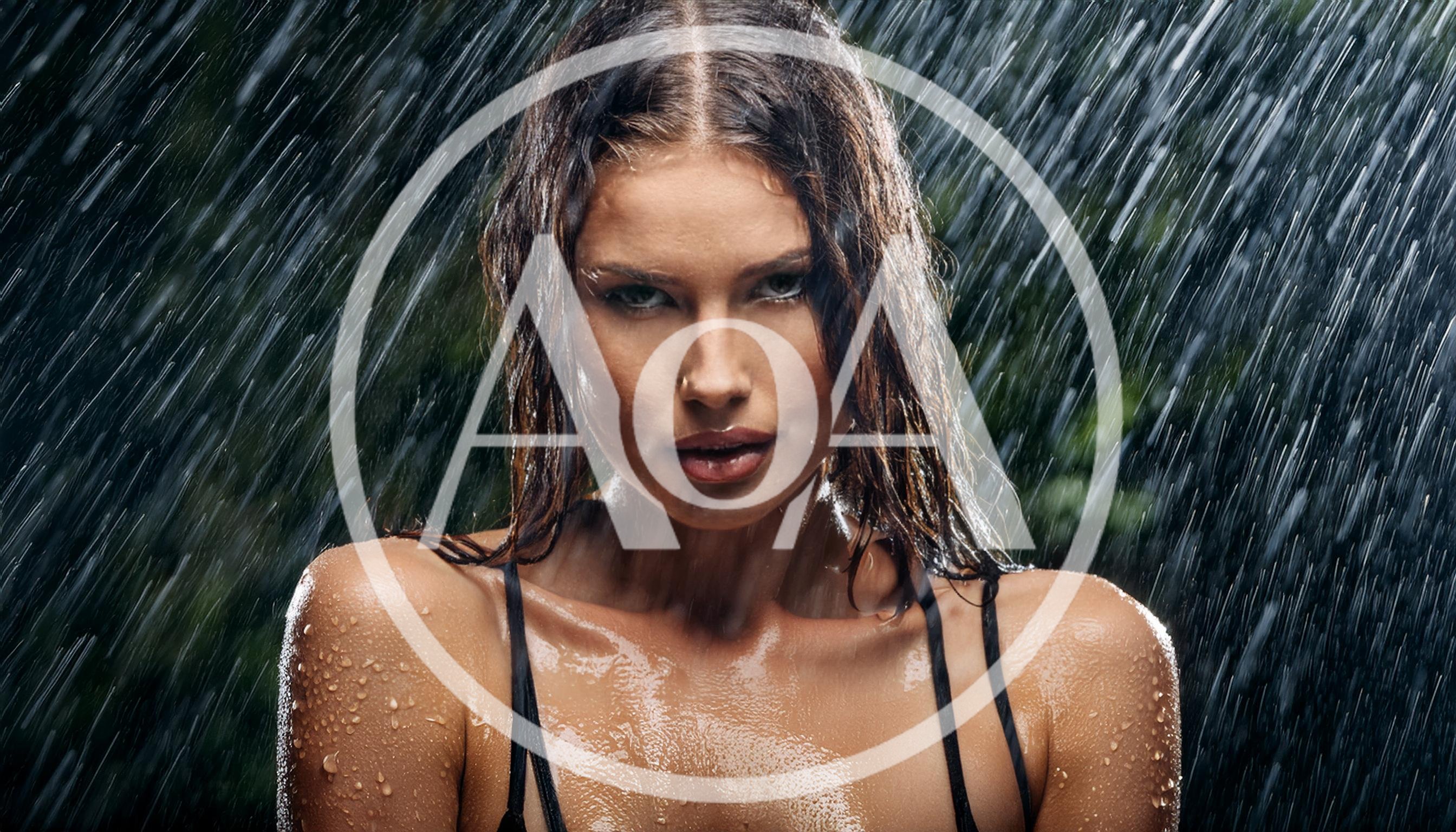 Wet Woman Standing Under Heavy Rain
