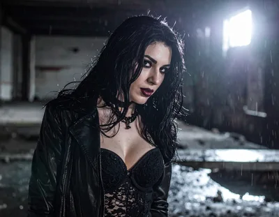 Gothic Woman In Leather Jacket Standing In Abandoned Building