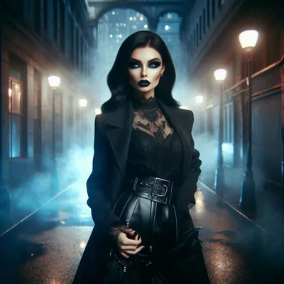 Gothic Woman Standing In A Foggy City Street