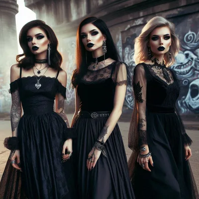 Three Gothic Women Standing Before Graffiti Wall