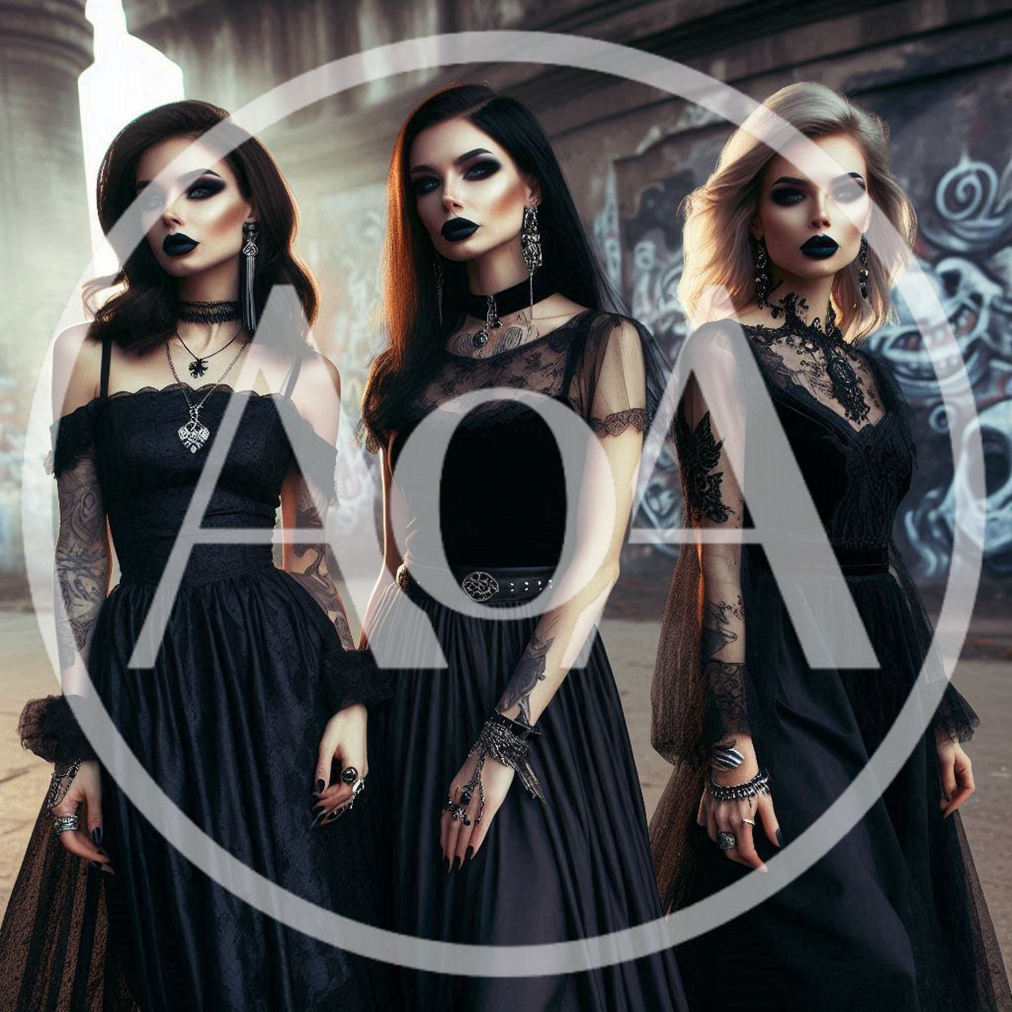 Three Gothic Women Standing Before Graffiti Wall