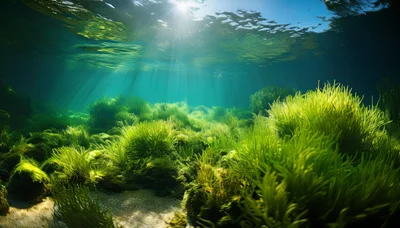 Sunlight Beams Through Underwater Green Seaweed Forest