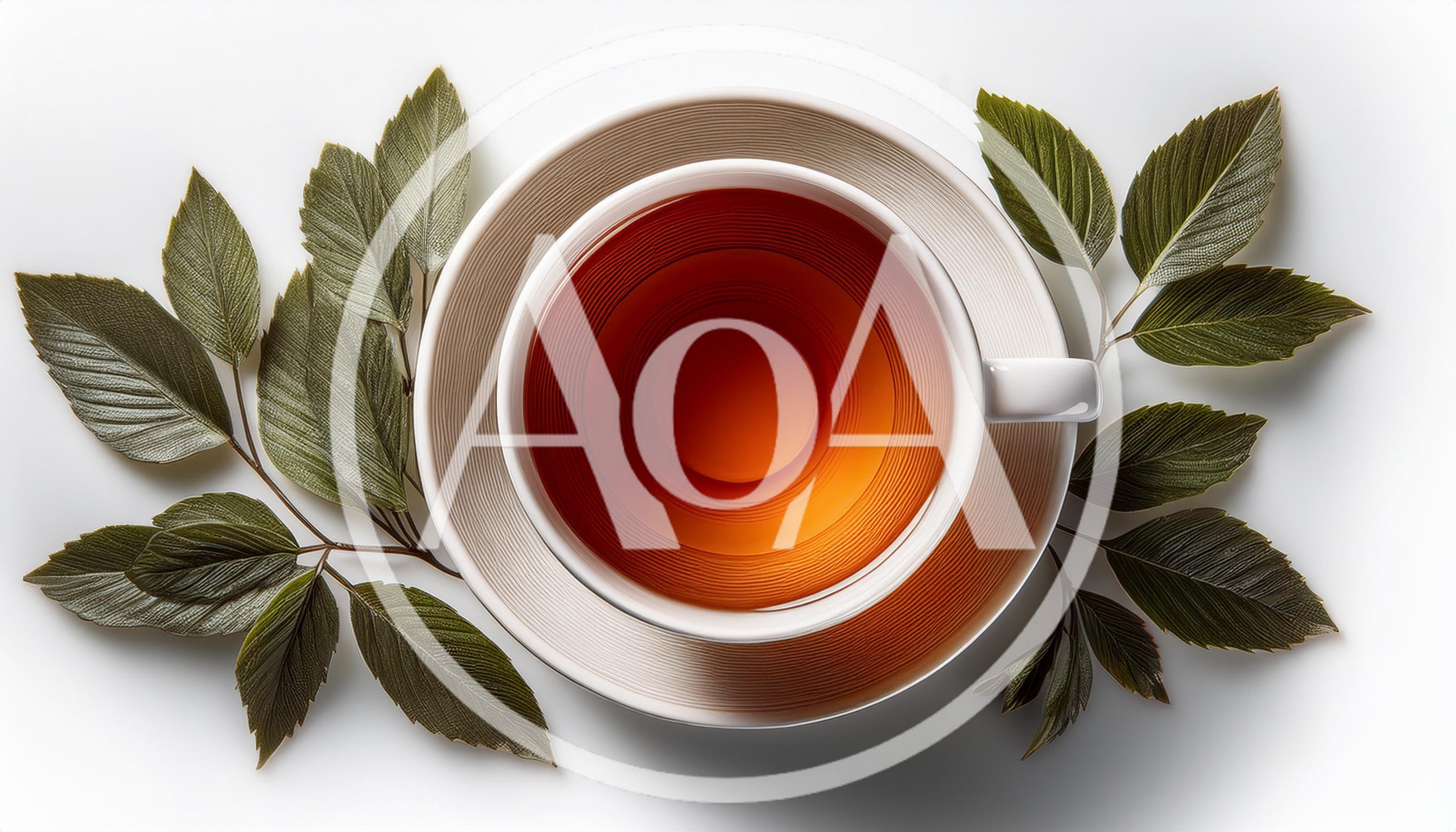 Top View Of A Cup Of Tea With Green Leaves