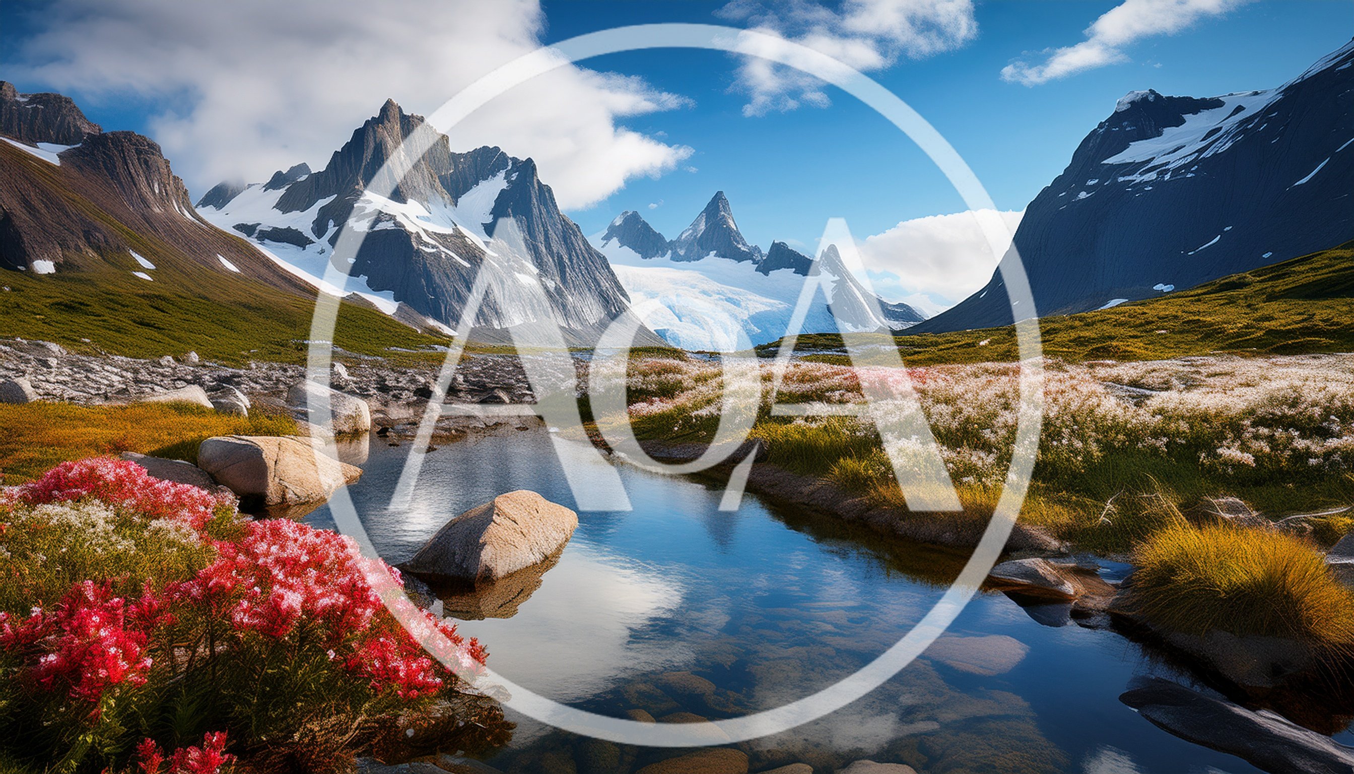 Scenic Alpine Landscape With Glacial Lake And Wildflowers