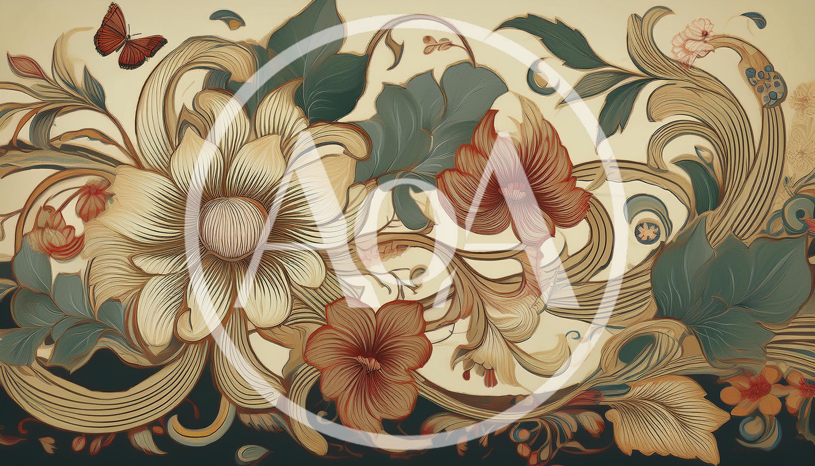 Vintage Floral Botanical Illustration With Butterfly