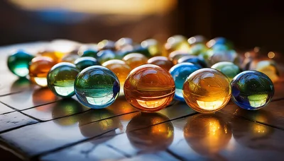 Colorful Glass Marbles Arranged on a Reflective Wooden Surface