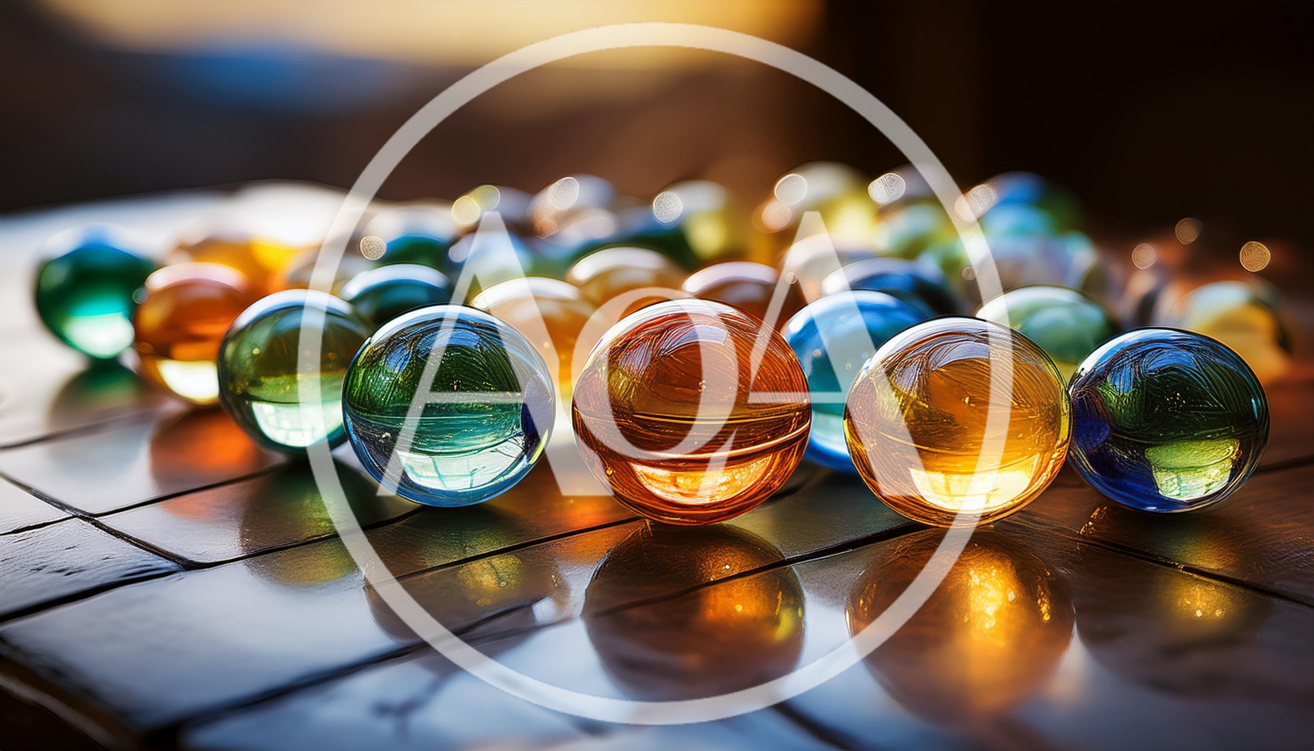 Colorful Glass Marbles Arranged on a Reflective Wooden Surface