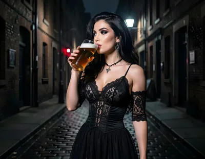 Elegant Woman Drinking Beer In A Dark City Alley