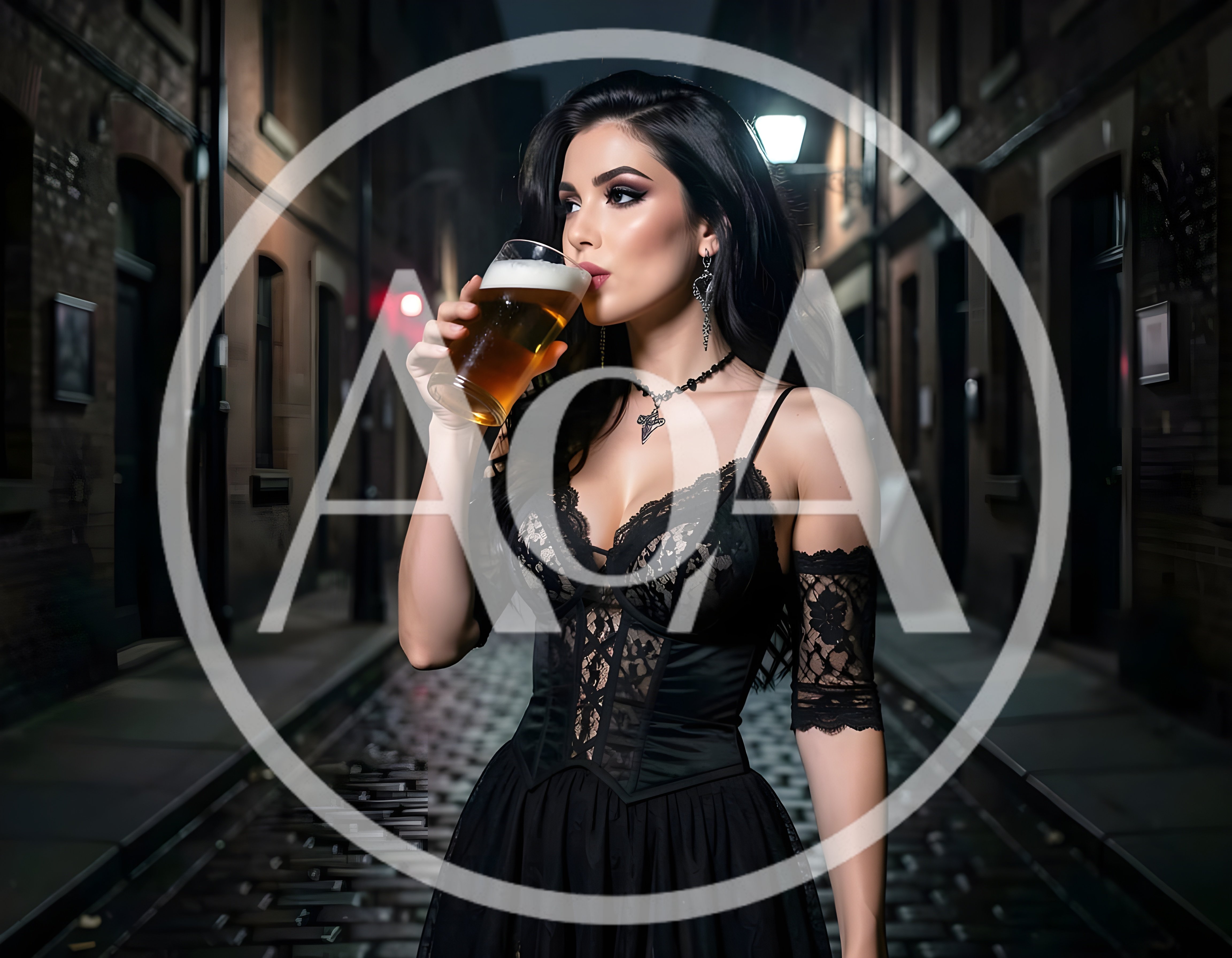 Elegant Woman Drinking Beer In A Dark City Alley