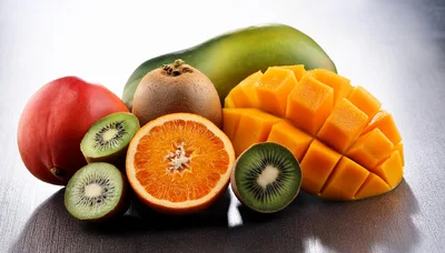 Assorted Tropical Fruits Including Mango Kiwi And Orange