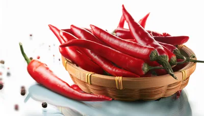Fresh Red Chili Peppers In A Woven Basket