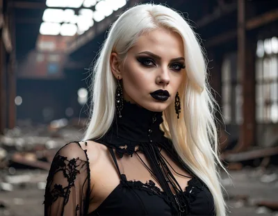 Gothic Woman With Platinum Hair In Abandoned Industrial Building