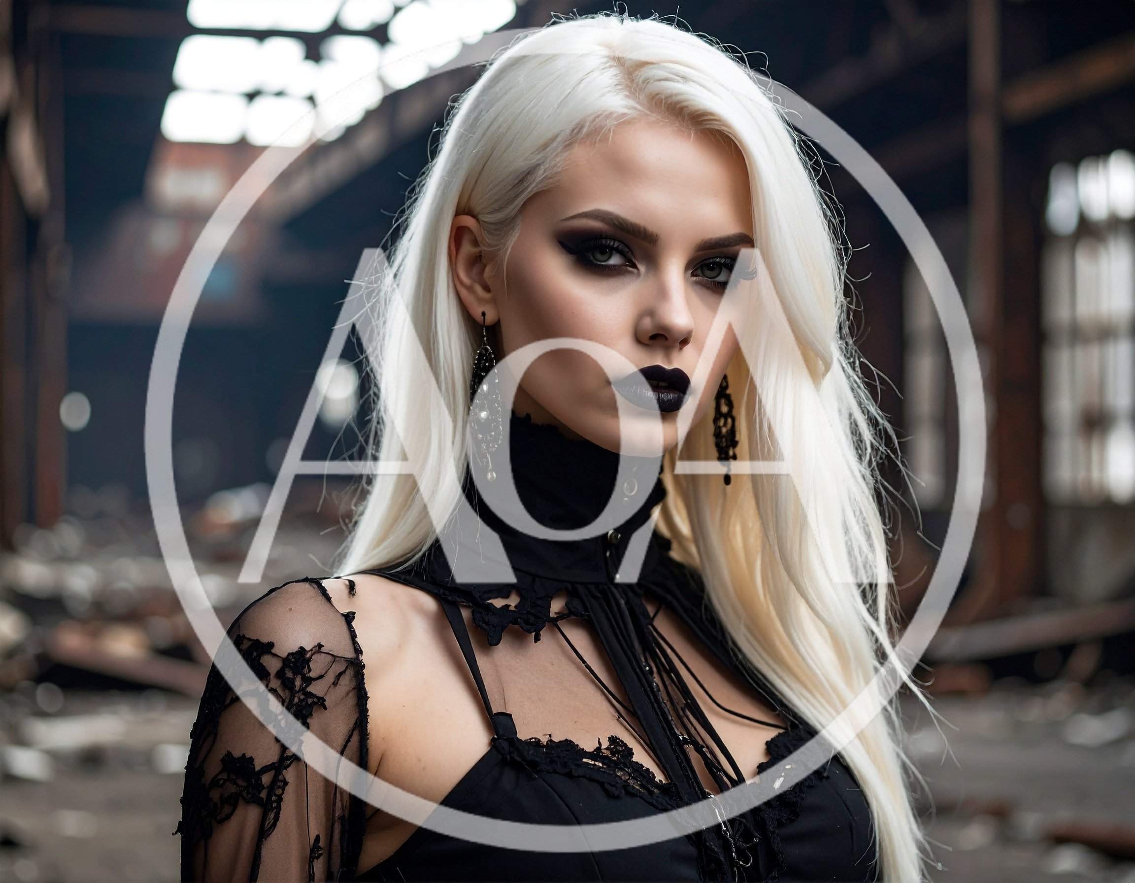 Gothic Woman With Platinum Hair In Abandoned Industrial Building