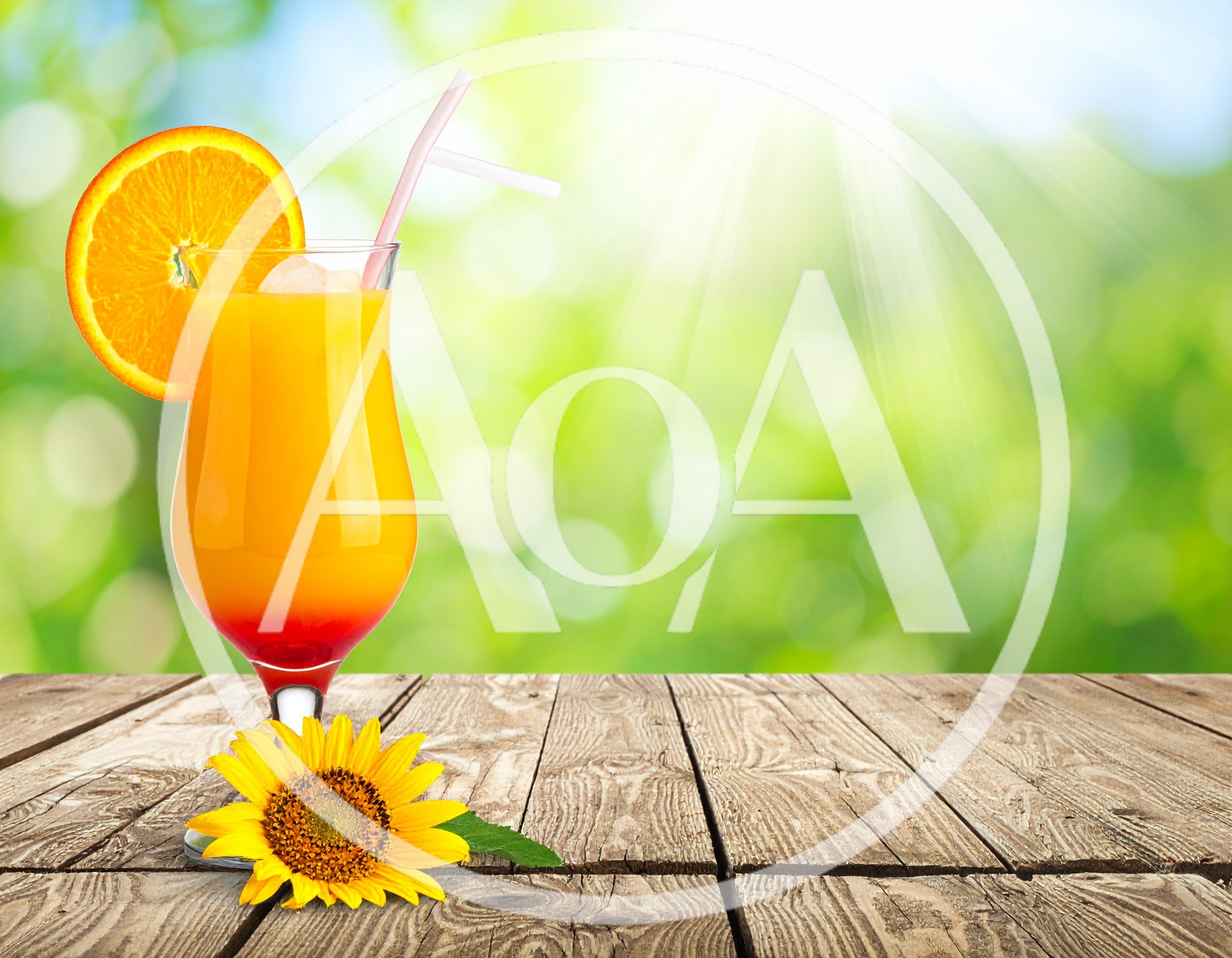 Refreshing Tequila Sunrise Cocktail With Sunflower On Wooden Table
