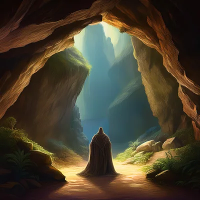 Cloaked Figure Standing In A Mystical Cave Entrance