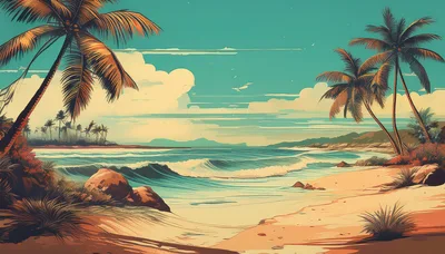 Tropical Beach Landscape With Palm Trees And Ocean Waves