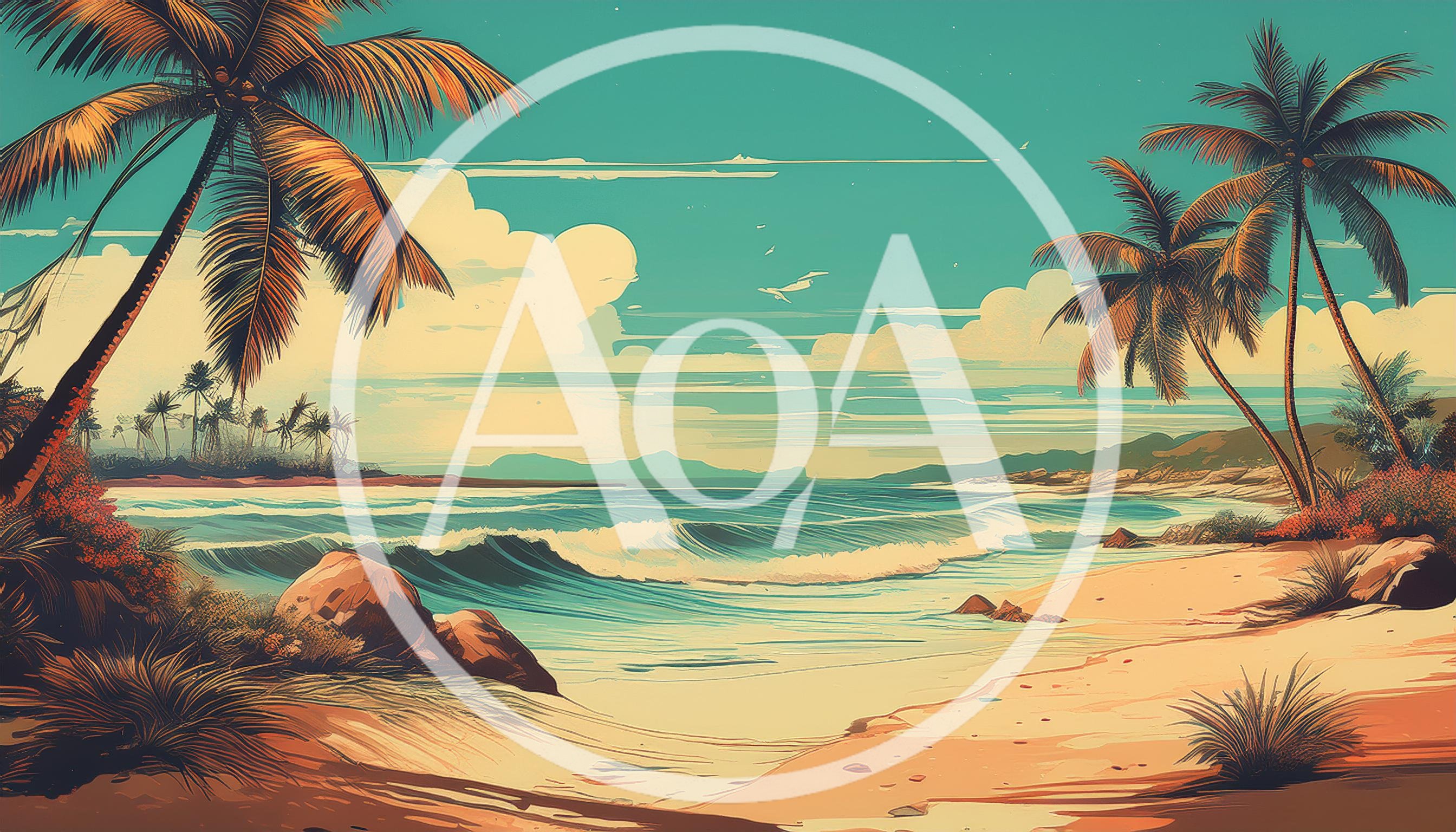 Tropical Beach Landscape With Palm Trees And Ocean Waves