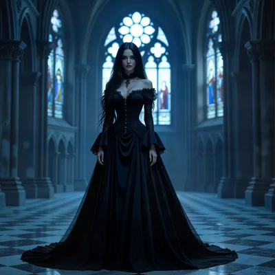 Gothic Woman In Black Dress Standing In Cathedral