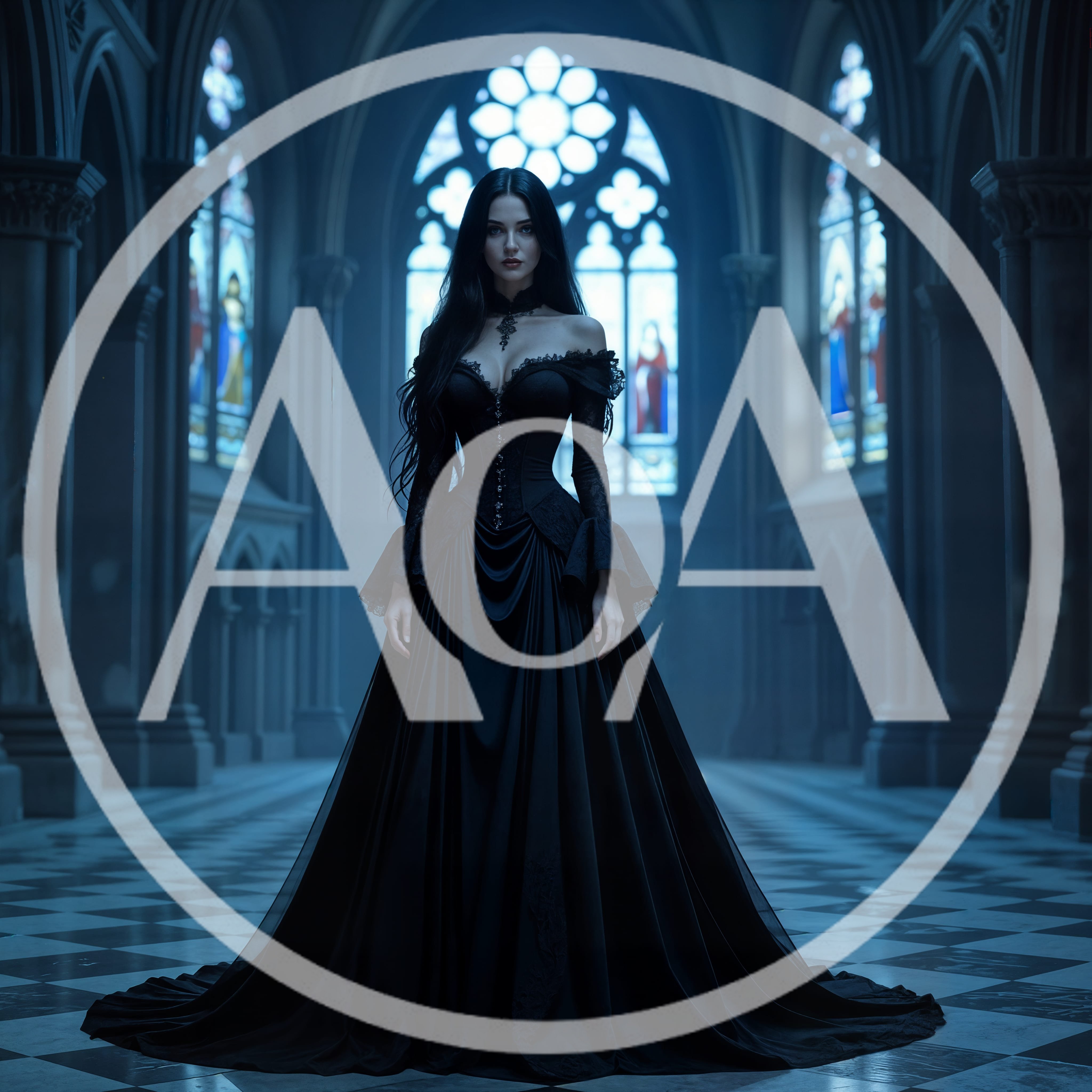 Gothic Woman In Black Dress Standing In Cathedral