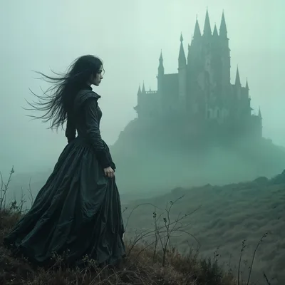 Gothic Woman Standing Before A Misty Haunted Castle