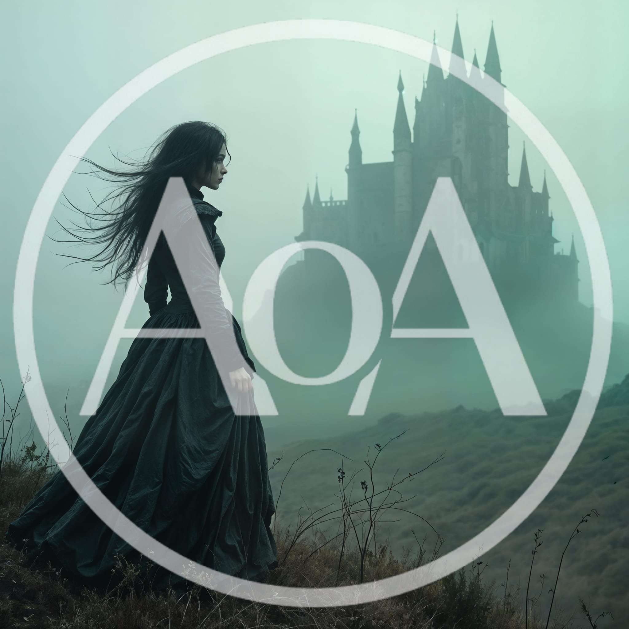 Gothic Woman Standing Before A Misty Haunted Castle