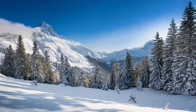 Snow Covered Alpine Forest With Majestic Mountain Peak