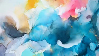 Abstract Alcohol Ink Painting With Blue And Gold Accents
