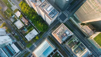 Aerial View Of Modern City Skyscrapers And Streets