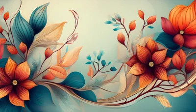 Abstract Floral Illustration With Orange And Teal Flowers