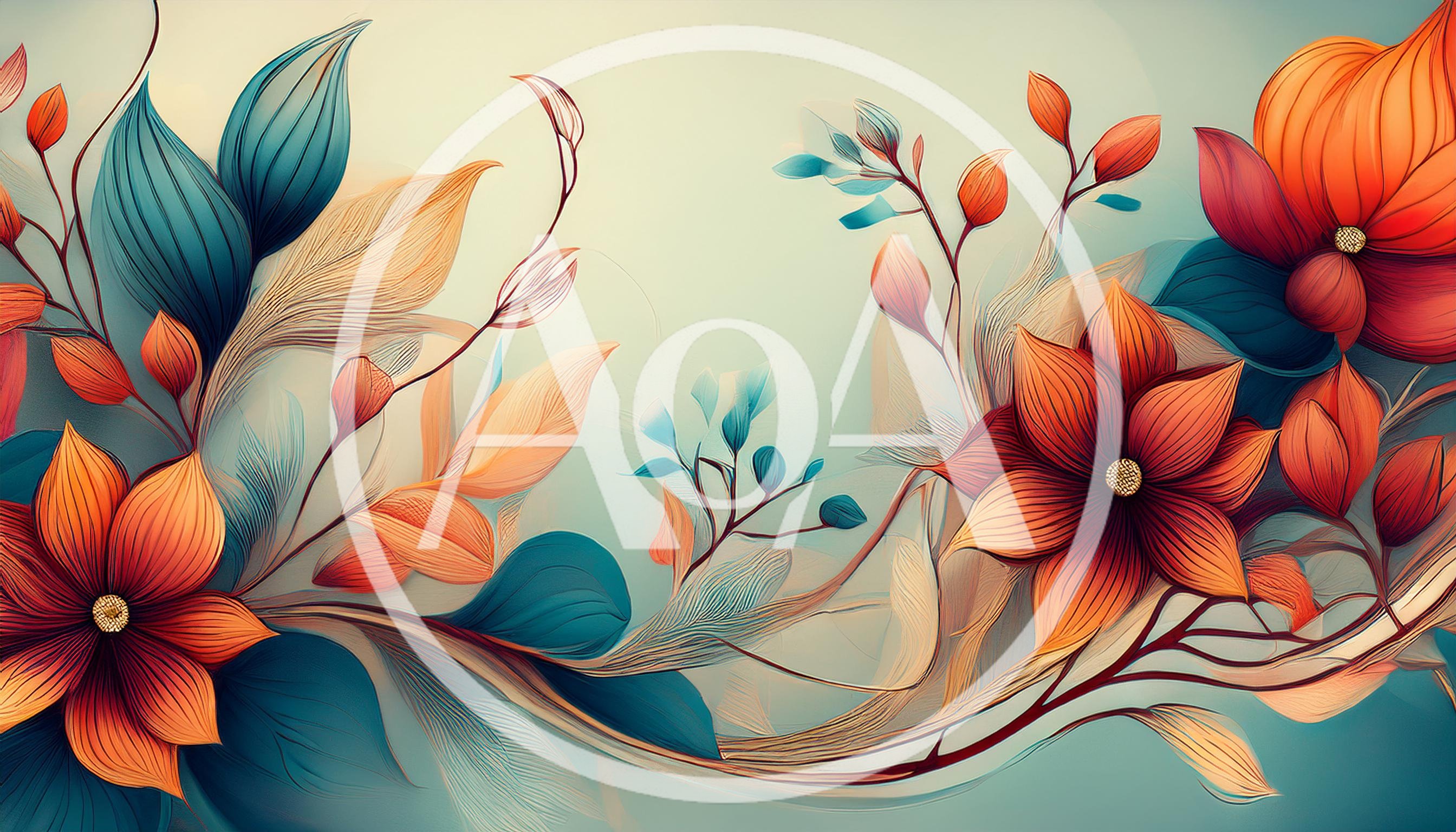 Abstract Floral Illustration With Orange And Teal Flowers