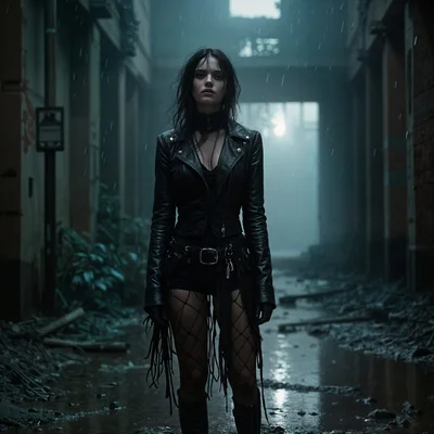 Gothic Woman Standing In A Rainy Abandoned Alleyway
