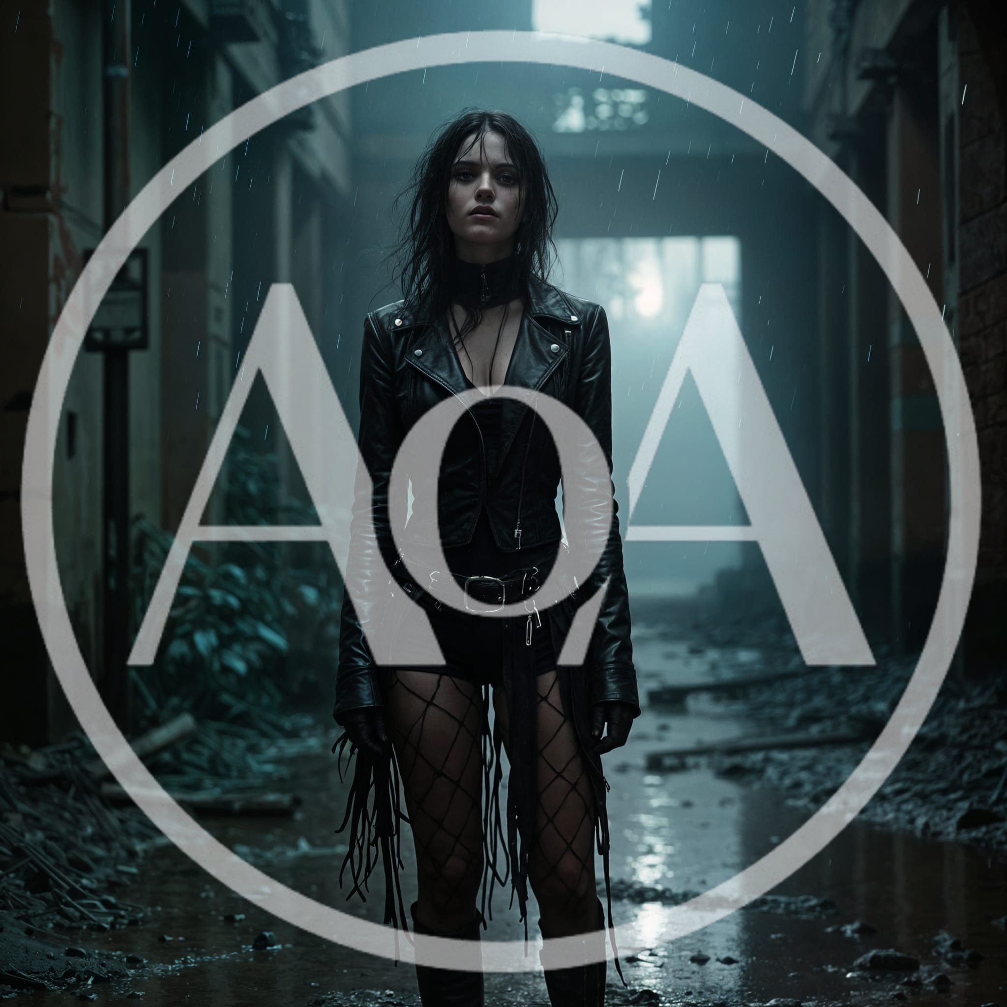 Gothic Woman Standing In A Rainy Abandoned Alleyway