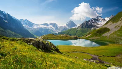 Alpine Lake Surrounded By Snow Capped Mountains