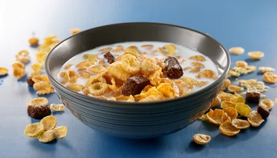 Bowl Of Cereal With Milk On Blue Background