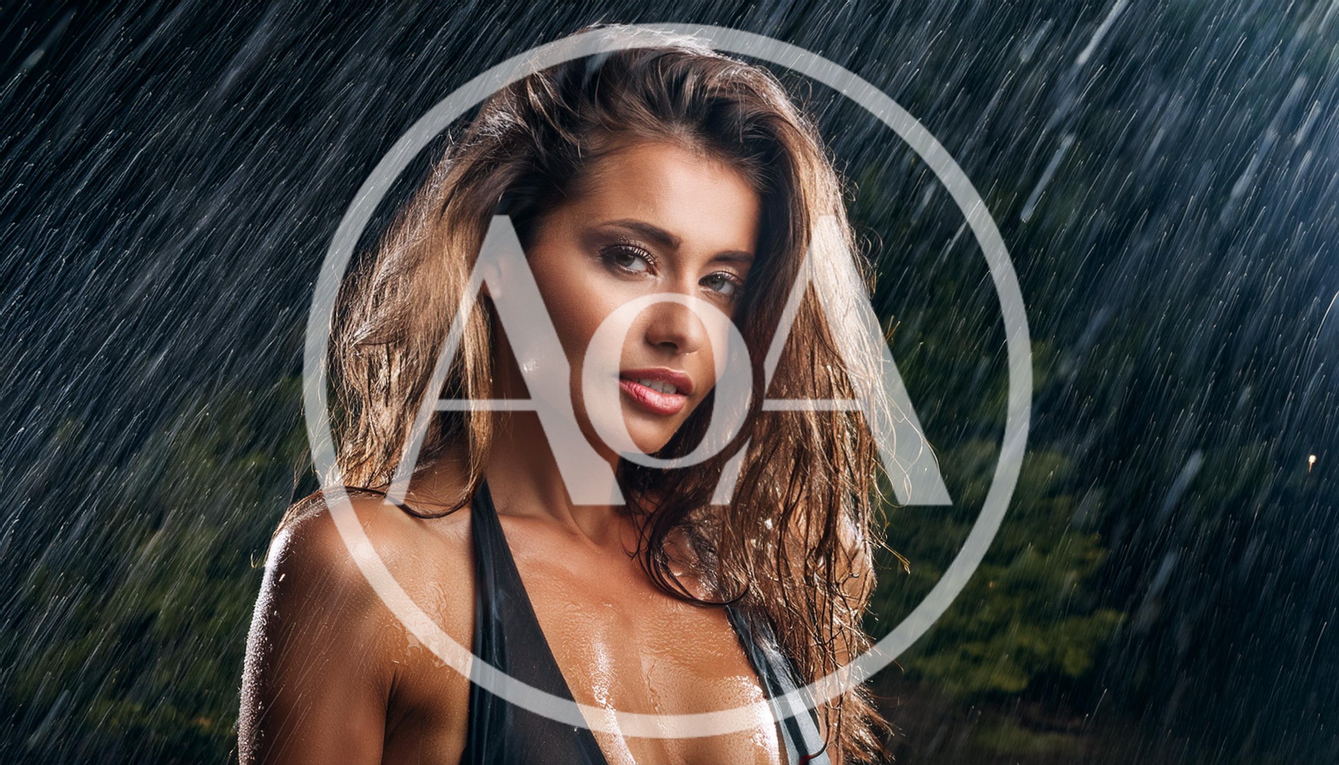 Beautiful Woman Standing Under Heavy Rain Outdoors