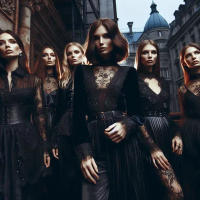 Group of Elegant Women in Gothic Lace Fashion