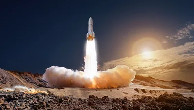 Space Rocket Launching From A Desert Landscape