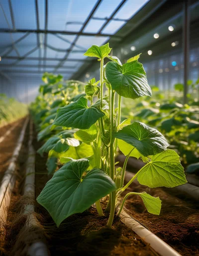 Young Cucumber Plants Growing In A Greenhouse