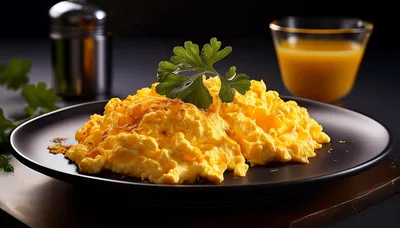 Plate Of Fluffy Scrambled Eggs With Parsley Garnish